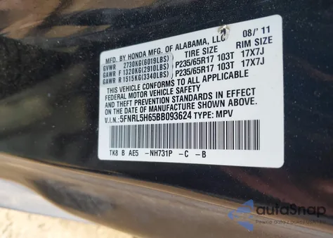 2011 Honda Odyssey Ex-L from USA, damaged, VIN 5FNRL5H65BB093624